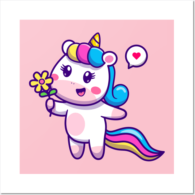 Cute Unicorn Holding Flower Cartoon Wall Art by Catalyst Labs